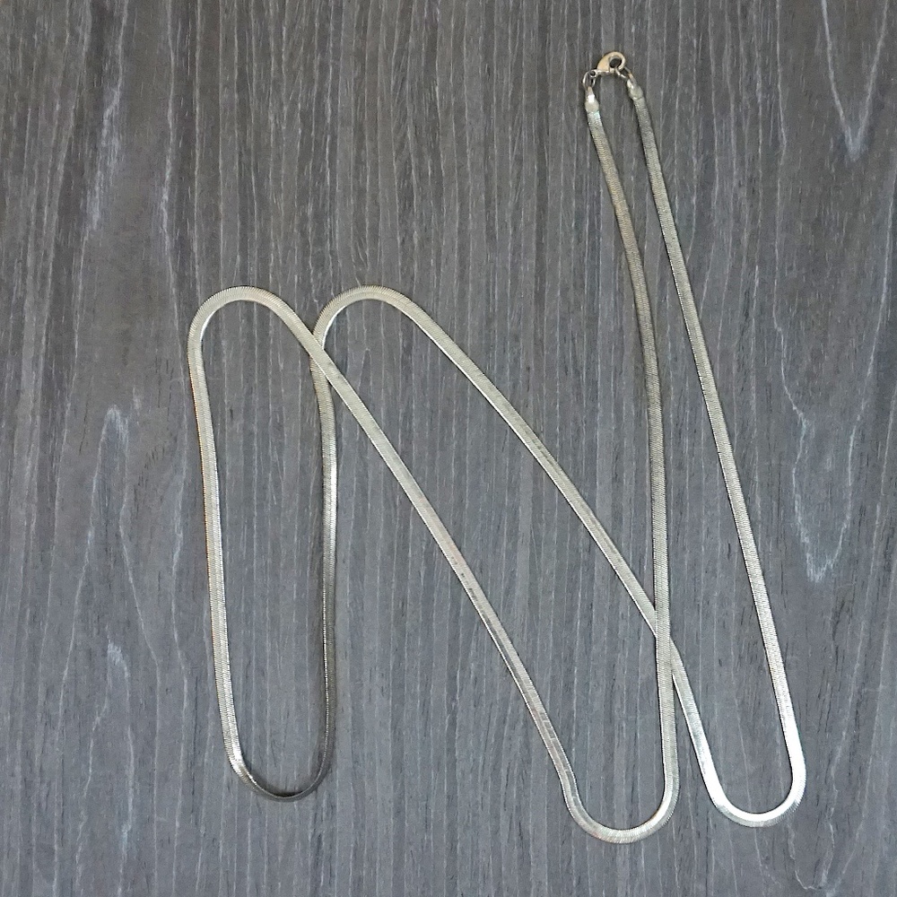 Vintage Silver-Toned Flat Herringbone Long "Magic Chain" Necklace
